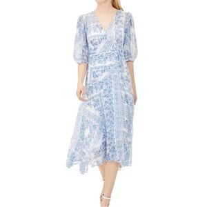Calvin Klein Blue and White Sheer Puff Sleeve Midi Dress